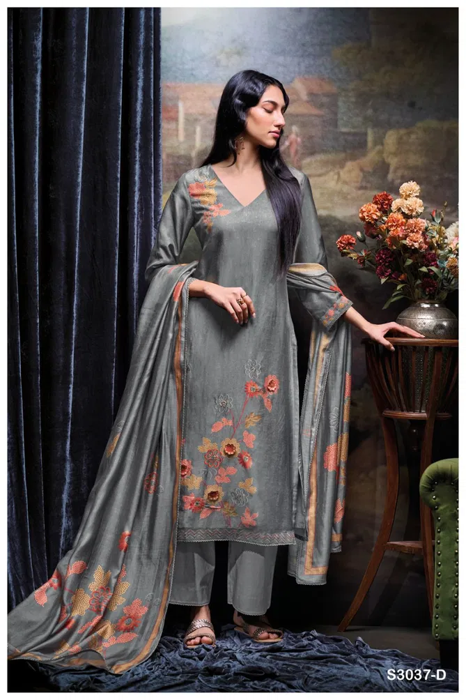 Lzabela 3037 By Ganga Printed Embroidery Dress Material Exporters In India